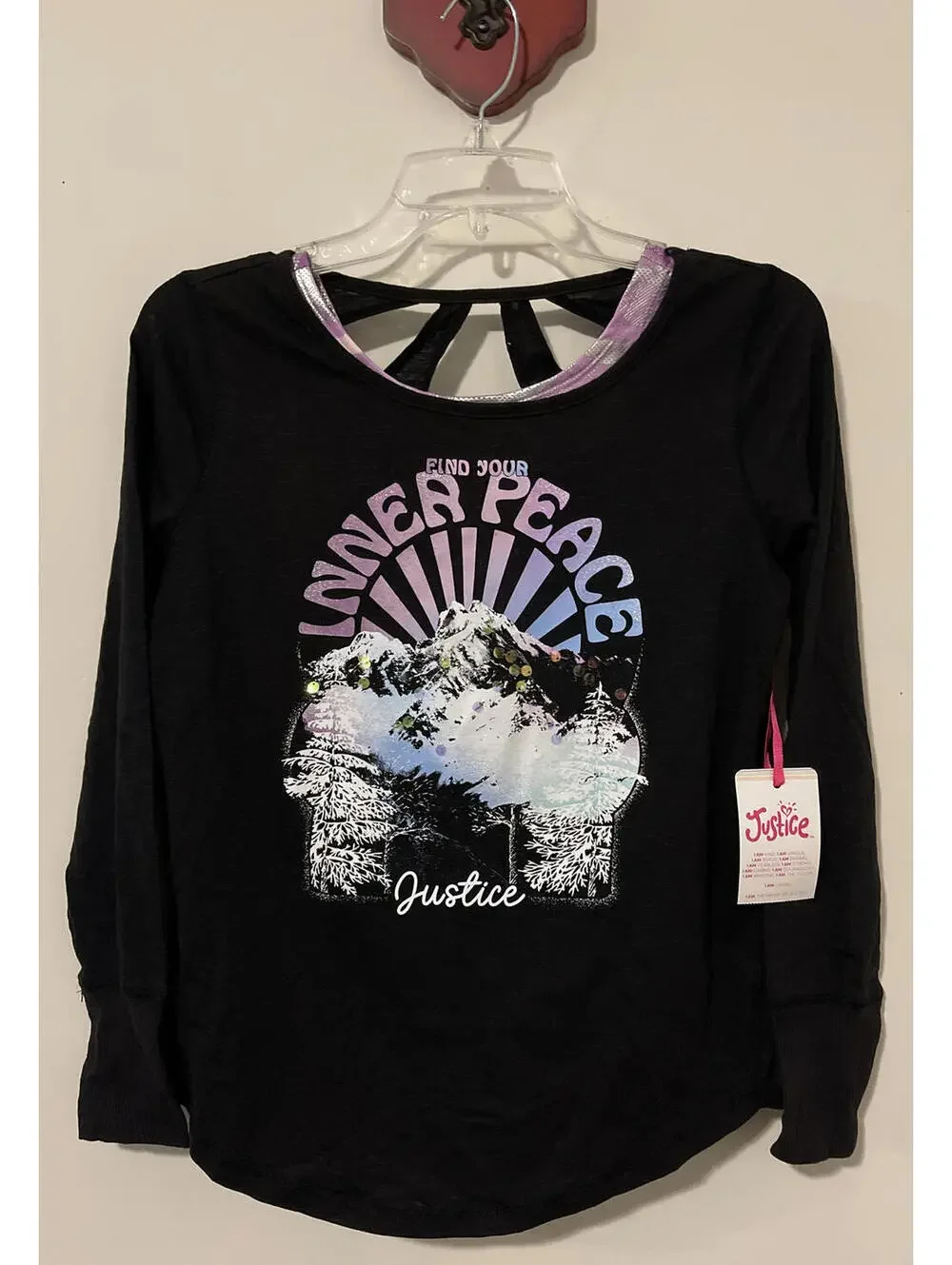 Justice Girls Large 12/14 Black “Inner Peace” Shirt & Sports Bra Set NWT! A6204